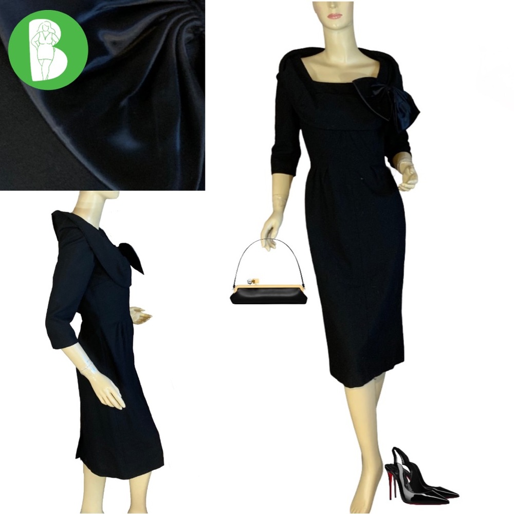 VINTAGE 1960'S CAROL CRAIG BLACK WOOL COCKTAIL WIGGLE DRESS (S) - Picture 2 of 14